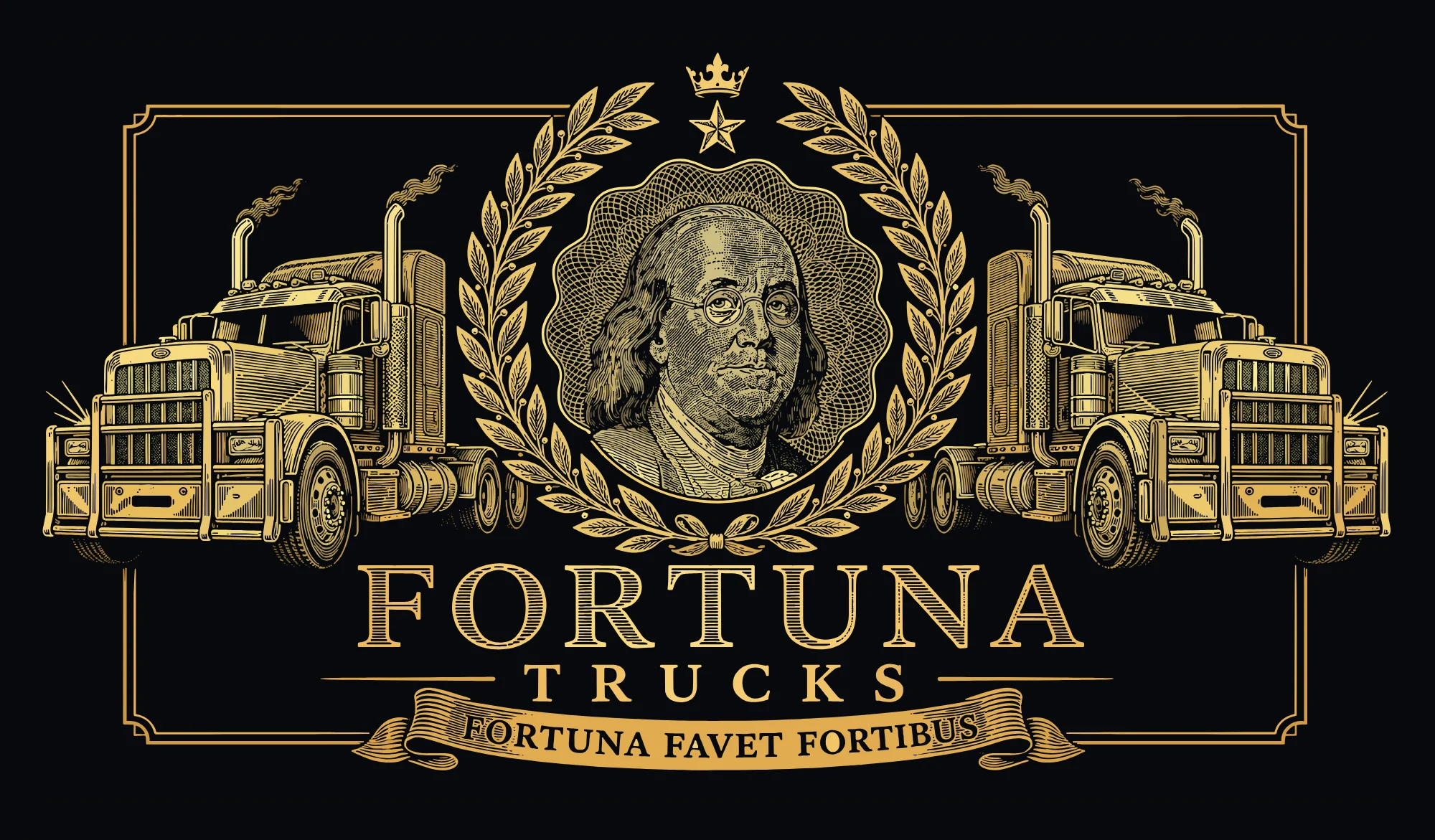 Fortuna Trucks crest — gold engraved Benjamin Franklin in a laurel wreath flanked by two trucks, wordmark Fortuna Trucks, motto Fortuna Favet Fortibus