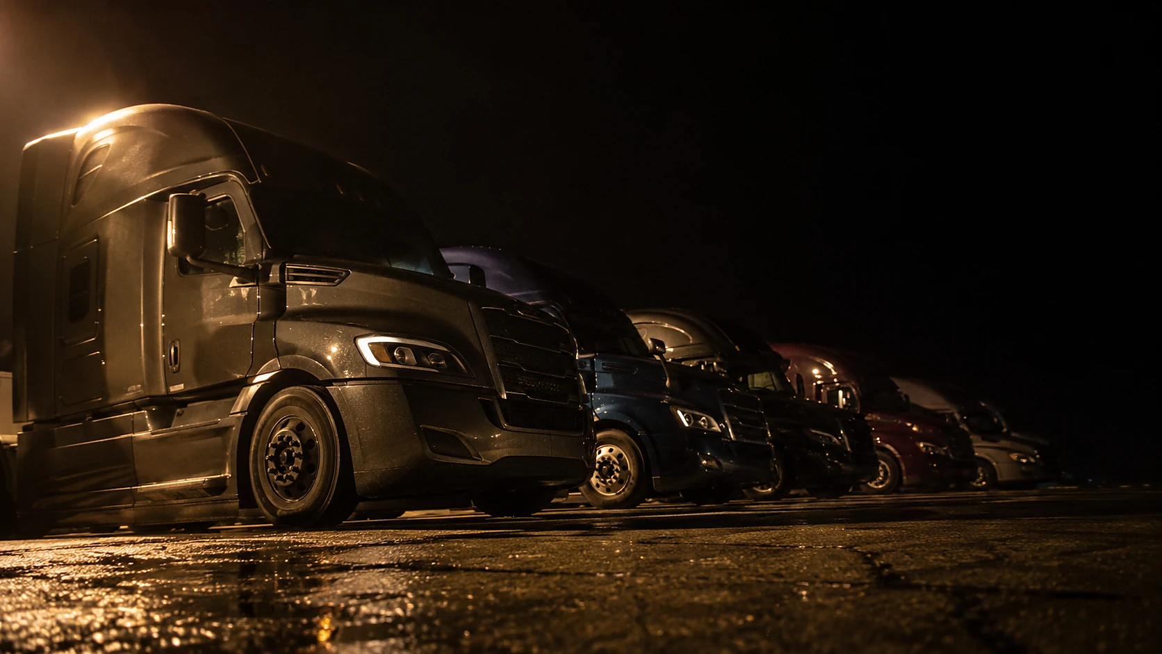 A line of semi trucks parked in a yard before sunrise.
