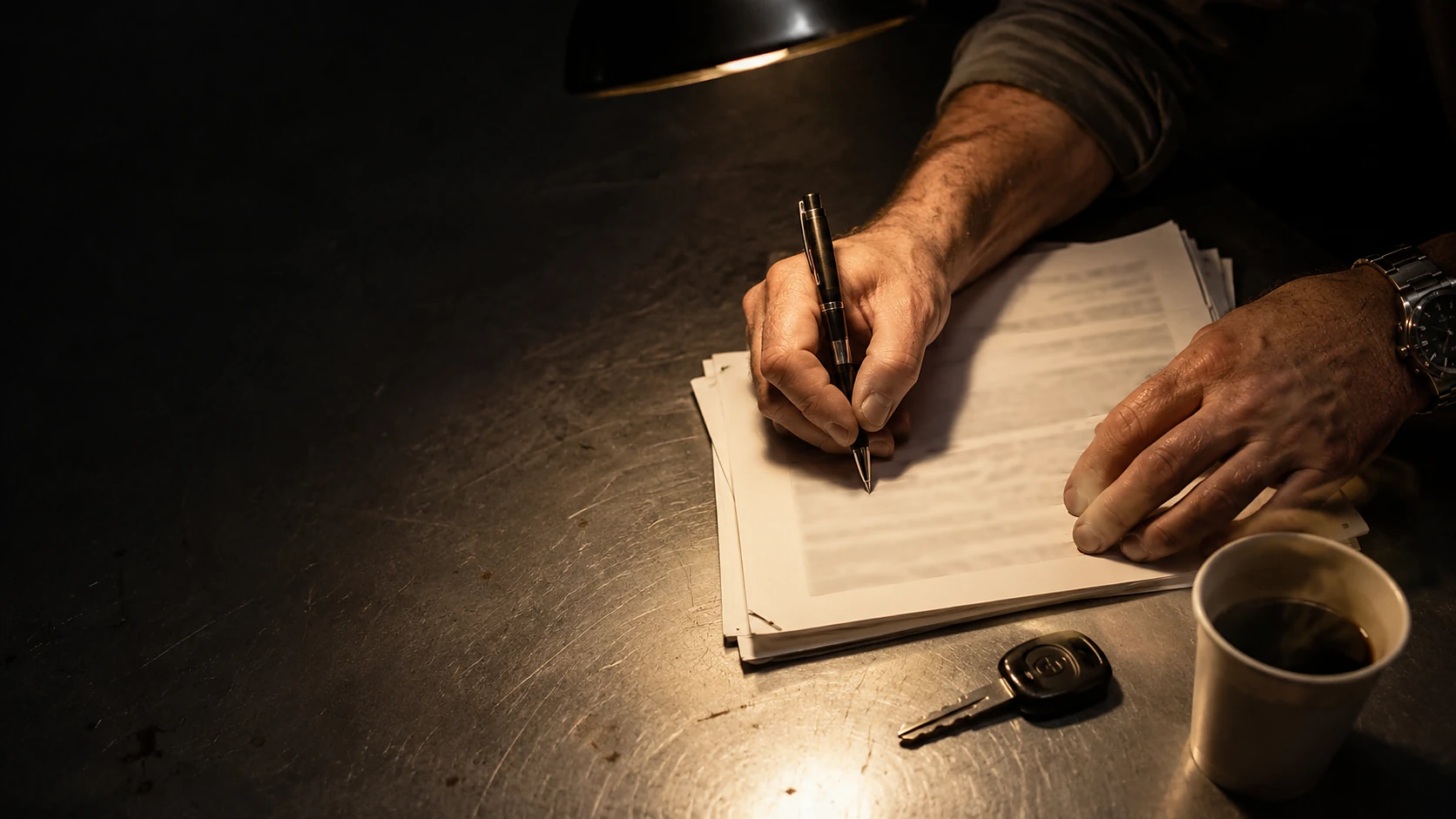 Hands signing freight paperwork on a desk under a single lamp, truck key beside it.