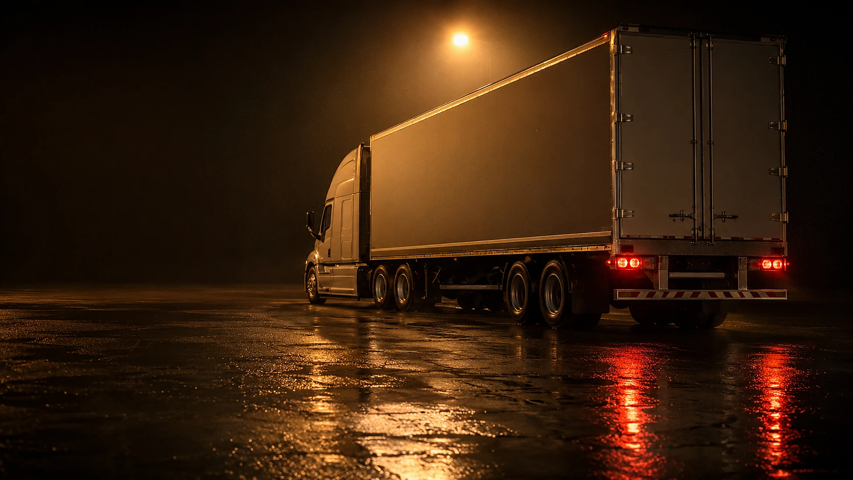 A lone semi truck parked under a lamp at a truck stop at night, wet asphalt reflecting the light.